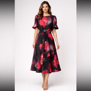 DKNY NEW Red Floral Easter Church dress Spring Midi Dress Puff Sleeve Belted 4